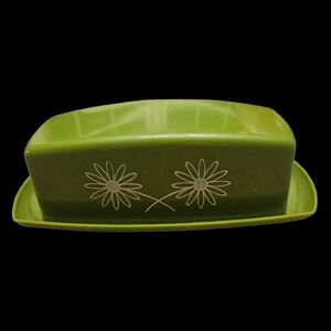 🍀Vintage 70s Avocado Green Plastic Floral Butter Dish🍀